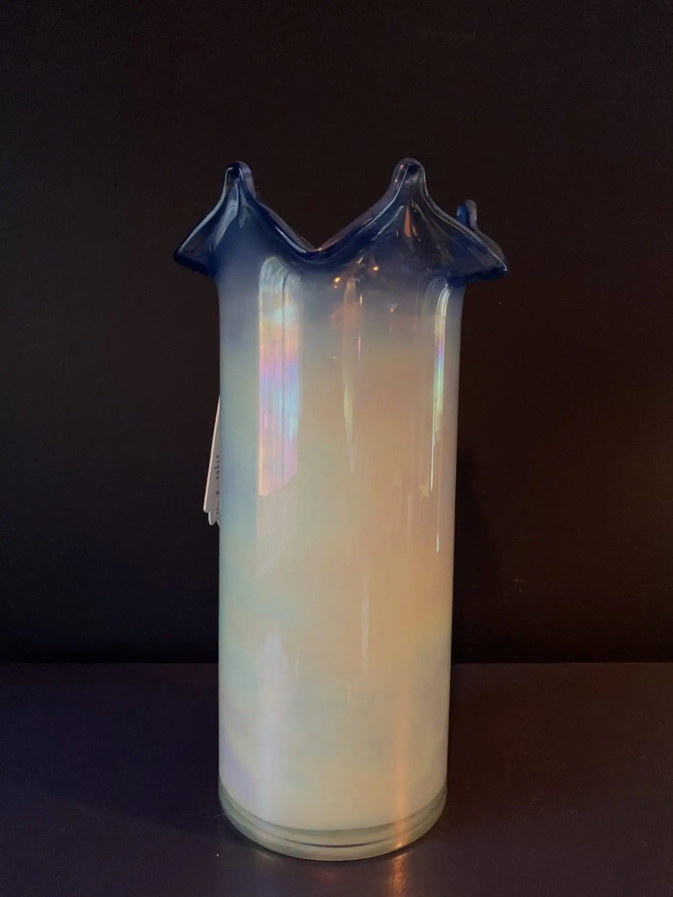 Heavy large pearlescent white vase with blue fluted accent
