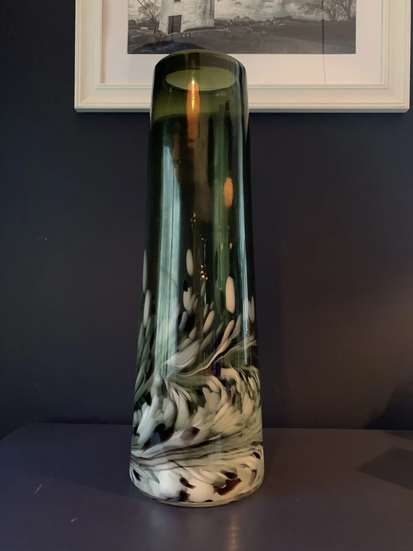 Heavy extra large abstract green and white tall vase